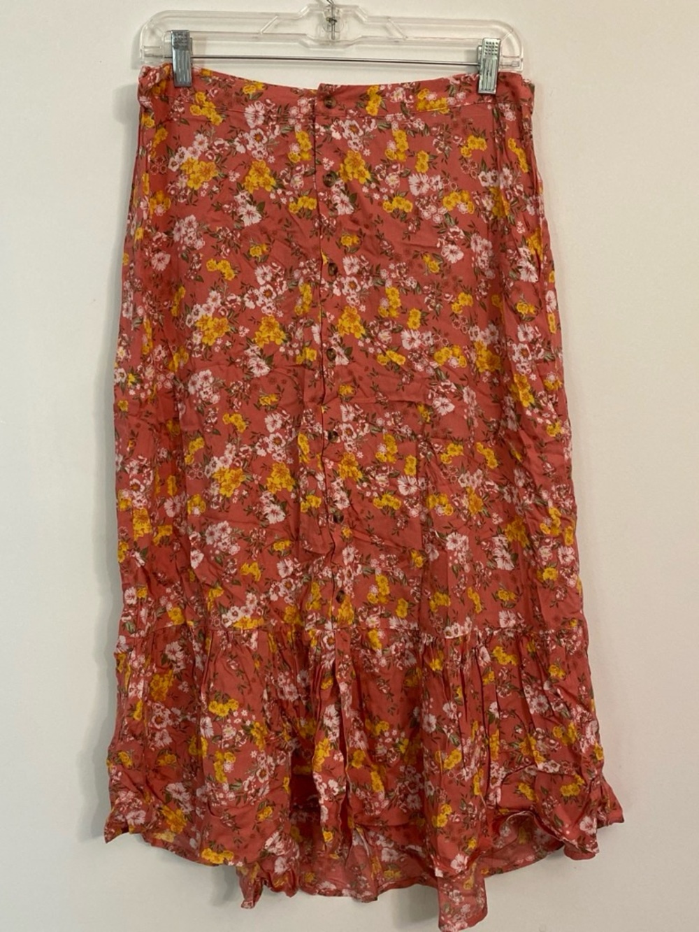SO Pink & yellow floral rayon button down tiered midi skirt